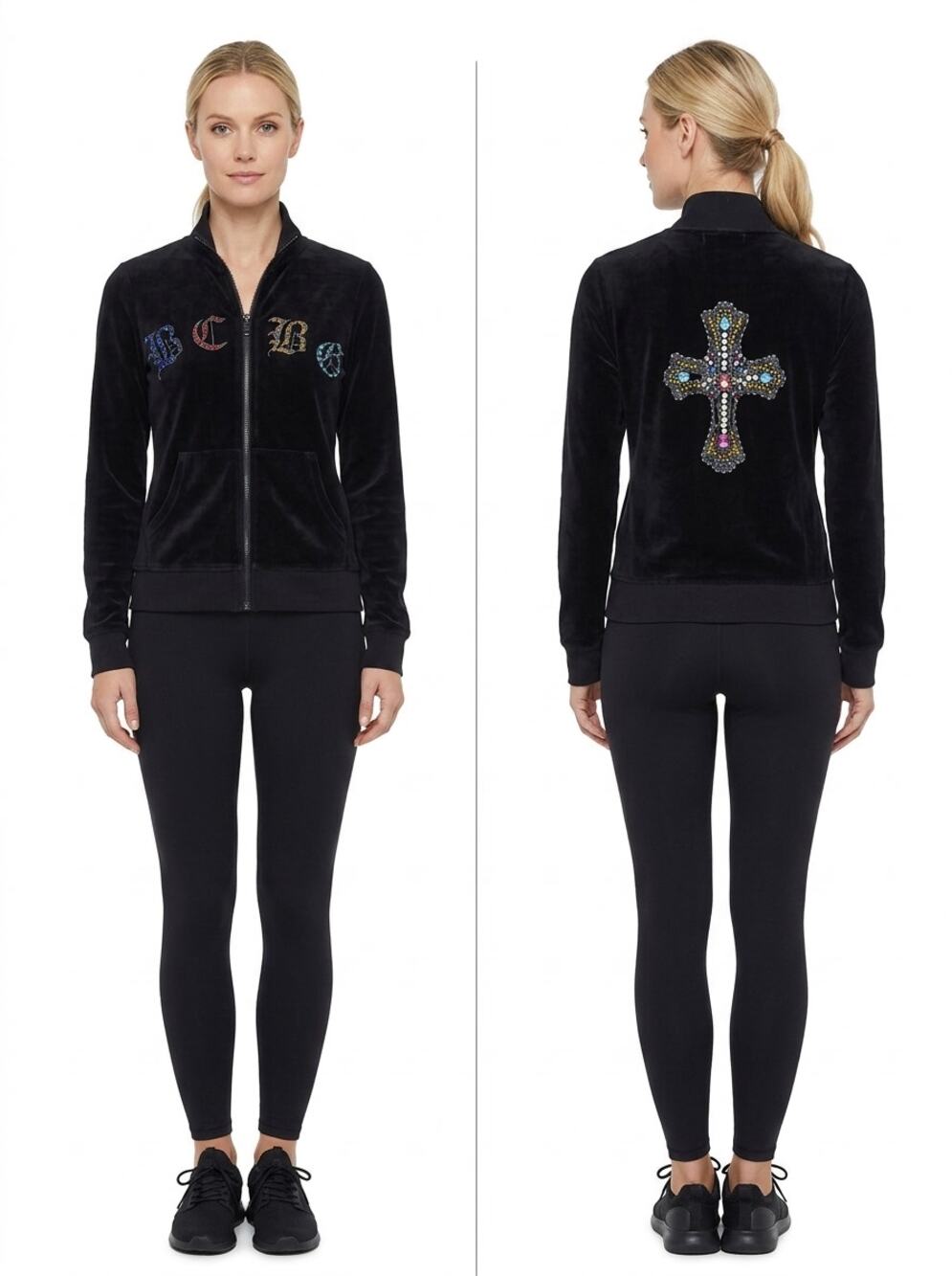 Bcbgmaxazria Black Velour Rhinestone Cross Full Zip Sweatshirt Women Size S